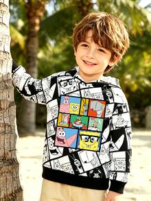 SpongeBob SquarePants | SHEIN 小男孩全印花連帽衛衣，長袖休閒針織套頭衫，可愛卡通連帽衫，適合春季秋季日常穿著與返校季 - 黑色 - 查看 6