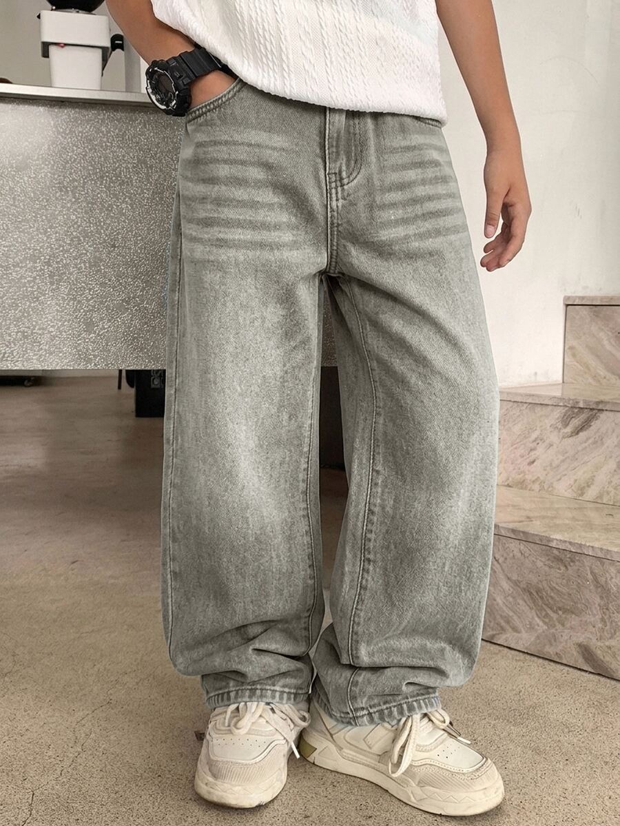 SHEIN 青少年男孩直筒寬鬆休閒百搭牛仔褲 - 淺灰色 - 查看 1