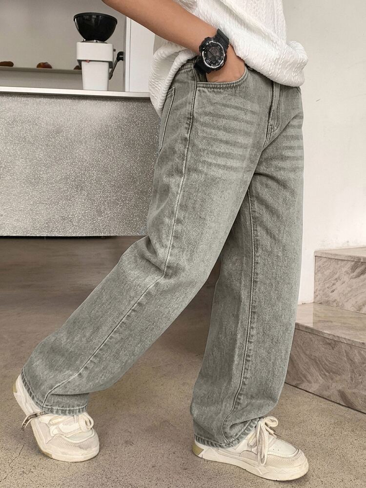 SHEIN Tween Boy Straight Leg Loose Casual Versatile Denim Jeans - Light Grey - View 6