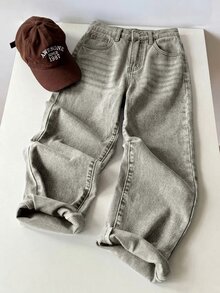 SHEIN 青少年男孩直筒寬鬆休閒百搭牛仔褲 - 淺灰色 - 查看 5