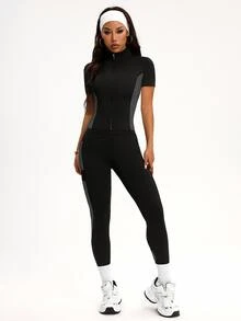 SHEIN Sports Women's Colorblock Knitted Activewear Set With Stand Collar And Zipper Detail Workout Sets - Multicolor - View 5