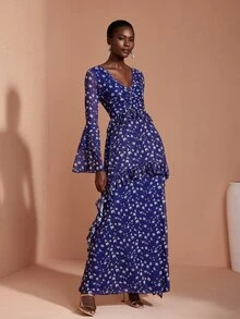 JIAN LASALA Mesh Long Ruffle Sleeve V Neckline Ruched Uneven Hemline Long Dress Elegant Vacation - Blue - View 3
