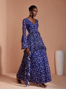 JIAN LASALA Mesh Long Ruffle Sleeve V Neckline Ruched Uneven Hemline Long Dress Elegant Vacation - Blue - View 7