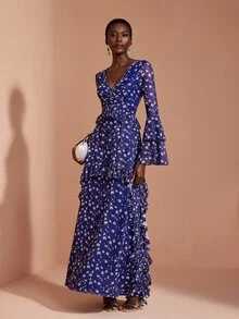 JIAN LASALA Mesh Long Ruffle Sleeve V Neckline Ruched Uneven Hemline Long Dress Elegant Vacation - Blue - View 5