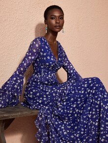 JIAN LASALA Mesh Long Ruffle Sleeve V Neckline Ruched Uneven Hemline Long Dress Elegant Vacation - Blue - View 1