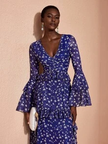 JIAN LASALA Mesh Long Ruffle Sleeve V Neckline Ruched Uneven Hemline Long Dress Elegant Vacation - Blue - View 6