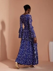 JIAN LASALA Mesh Long Ruffle Sleeve V Neckline Ruched Uneven Hemline Long Dress Elegant Vacation - Blue - View 2