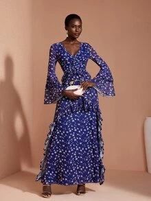 JIAN LASALA Mesh Long Ruffle Sleeve V Neckline Ruched Uneven Hemline Long Dress Elegant Vacation - Blue - View 4