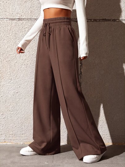 SHEIN EZwear 女士纯色抽绳腰阔腿宽松休闲运动裤，适合毕业季、教师节、返校季穿着