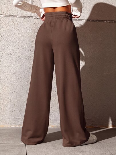 SHEIN EZwear 女士纯色抽绳腰阔腿宽松休闲运动裤，适合毕业季、教师节、返校季穿着
