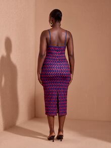 JIAN LASALA Gaun Midi Bodycon Tanpa Lengan dengan Tali Bahu Tipis Motif Warna-warni untuk Wanita Ukuran Plus - MultiWarna - View 2
