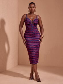 JIAN LASALA Gaun Midi Bodycon Tanpa Lengan dengan Tali Bahu Tipis Motif Warna-warni untuk Wanita Ukuran Plus - MultiWarna - View 1
