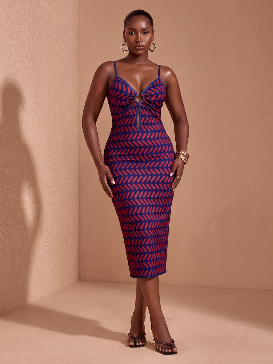 JIAN LASALA Gaun Midi Bodycon Tanpa Lengan dengan Tali Bahu Tipis Motif Warna-warni untuk Wanita Ukuran Plus - MultiWarna - View 1
