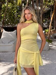SHEIN Unity Light Yellow Mesh Asymmetrical Mini Dress,Ruched Fabric With Tie Sash Belt,Women Sexy Summer Dress For Vacation,Night Out,Tropical Style - Light Yellow - View 3
