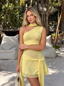 SHEIN Unity Light Yellow Mesh Asymmetrical Mini Dress,Ruched Fabric With Tie Sash Belt,Women Sexy Summer Dress For Vacation,Night Out,Tropical Style - Light Yellow - View 4