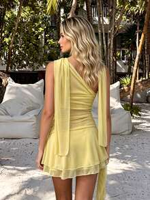 SHEIN Unity Light Yellow Mesh Asymmetrical Mini Dress,Ruched Fabric With Tie Sash Belt,Women Sexy Summer Dress For Vacation,Night Out,Tropical Style - Light Yellow - View 2