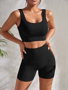 Solea Cove Solea Cove Ribbed Knit Wide Waistband Sports Set Workout Women Set Gym Women Outfit - Black - View 5