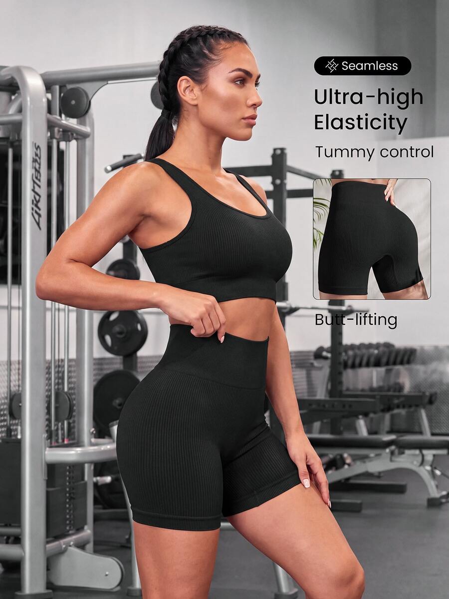 Solea Cove Solea Cove Ribbed Knit Wide Waistband Sports Set Workout Women Set Gym Women Outfit - Black - View 1