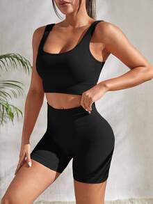 Solea Cove Solea Cove Ribbed Knit Wide Waistband Sports Set Workout Women Set Gym Women Outfit - Black - View 6