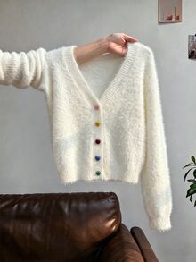 SHEIN 少女白色時尚休閒可愛舒適柔軟極簡愛心彩色鈕扣百搭優雅長袖短版針織開襟衫，適合日常穿著、上學、玩耍、戶外、派對，秋冬款 - 白色 - 查看 5