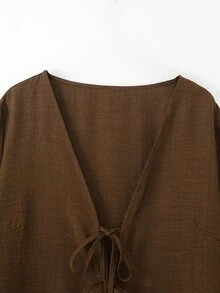 SHEIN LUNE CURVE Setelan 2 Potong untuk Wanita Ukuran Plus: Atasan Lengan Panjang Berkerah V, Kancing Depan, Pita, Tali Serut, dan Celana Panjang Lebar Berlipit, Bahan Linen Imitasi Cokelat Tua. - Coklat - View 7