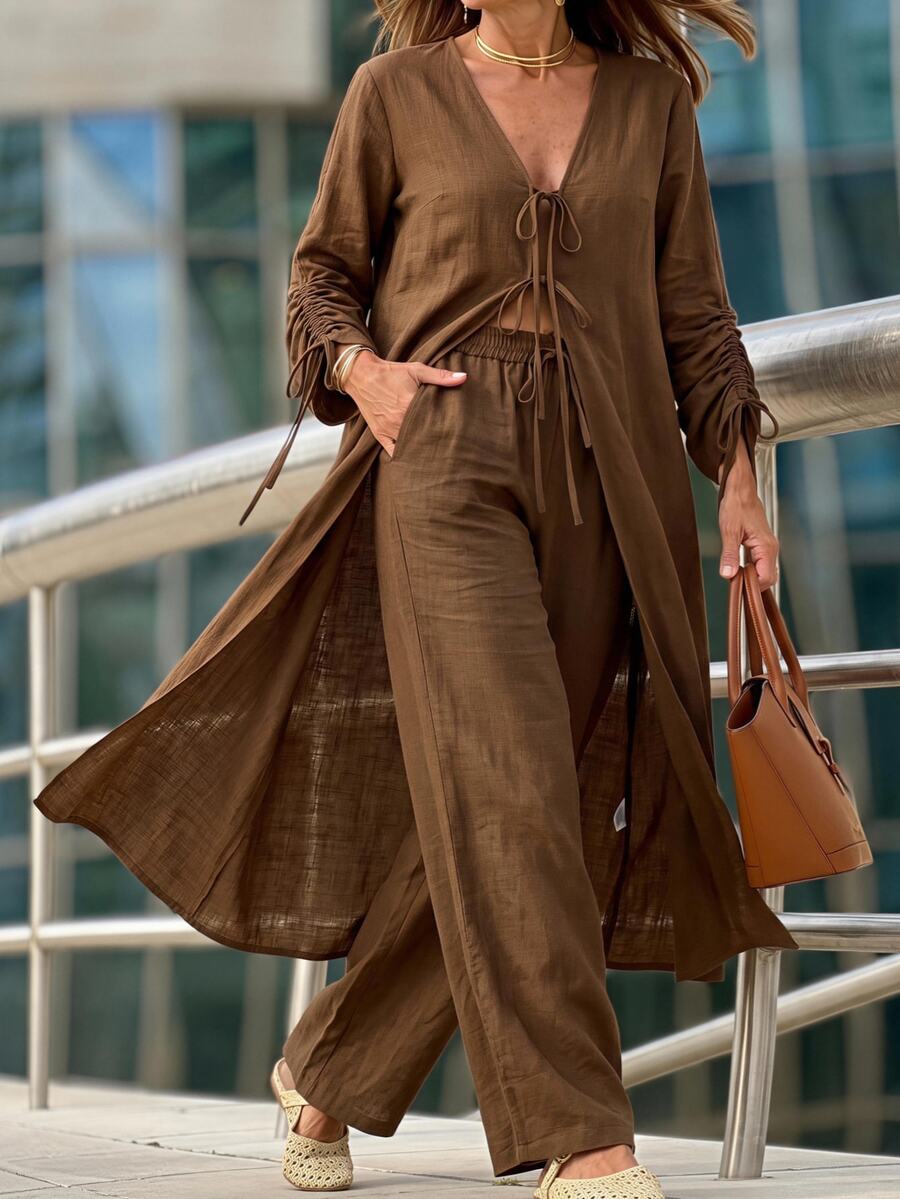 SHEIN LUNE CURVE Setelan 2 Potong untuk Wanita Ukuran Plus: Atasan Lengan Panjang Berkerah V, Kancing Depan, Pita, Tali Serut, dan Celana Panjang Lebar Berlipit, Bahan Linen Imitasi Cokelat Tua. - Coklat - View 1