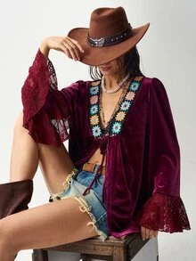 Bohemela Blus Wanita Motif Bunga untuk Pakaian Kasual Sehari-hari - Burgundy - View 3