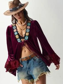 Bohemela Blus Wanita Motif Bunga untuk Pakaian Kasual Sehari-hari - Burgundy - View 5