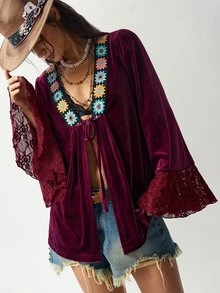 Bohemela Blus Wanita Motif Bunga untuk Pakaian Kasual Sehari-hari - Burgundy - View 2