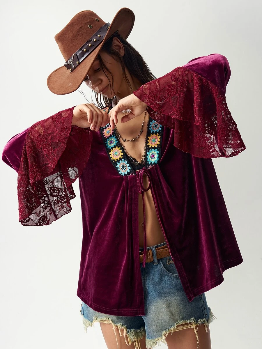 Bohemela Blus Wanita Motif Bunga untuk Pakaian Kasual Sehari-hari - Burgundy - View 1