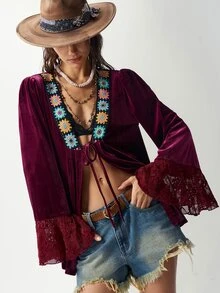 Bohemela Blus Wanita Motif Bunga untuk Pakaian Kasual Sehari-hari - Burgundy - View 4
