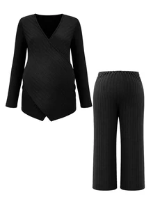 SHEIN Plus Size Maternity 2-Piece Set, Comfortable Long Sleeve Cross V-Neck Fitted Nursing Ribbed Black T-Shirt, Straight Leg Ribbed Black Pants - Black - View 4