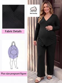 SHEIN Plus Size Maternity 2-Piece Set, Comfortable Long Sleeve Cross V-Neck Fitted Nursing Ribbed Black T-Shirt, Straight Leg Ribbed Black Pants - Black - View 2
