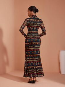 JIAN LASALA Mesh Long Sleeve High Neckline Long Dress Vacation Party Elegant - Multicolor - View 2