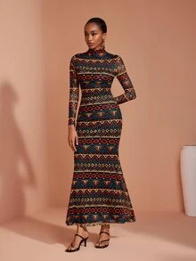 JIAN LASALA Mesh Long Sleeve High Neckline Long Dress Vacation Party Elegant - Multicolor - View 4