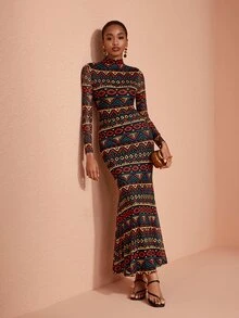 JIAN LASALA Mesh Long Sleeve High Neckline Long Dress Vacation Party Elegant - Multicolor - View 6