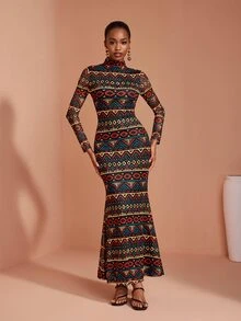 JIAN LASALA Mesh Long Sleeve High Neckline Long Dress Vacation Party Elegant - Multicolor - View 3