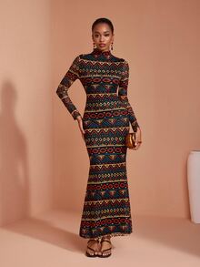 JIAN LASALA Mesh Long Sleeve High Neckline Long Dress Vacation Party Elegant - Multicolor - View 7