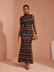 JIAN LASALA Mesh Long Sleeve High Neckline Long Dress Vacation Party Elegant - Multicolor - View 5