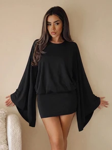 SHEIN ICON Women's Solid Color Bell Sleeve Open Back Fashion Dress - Black - View 5