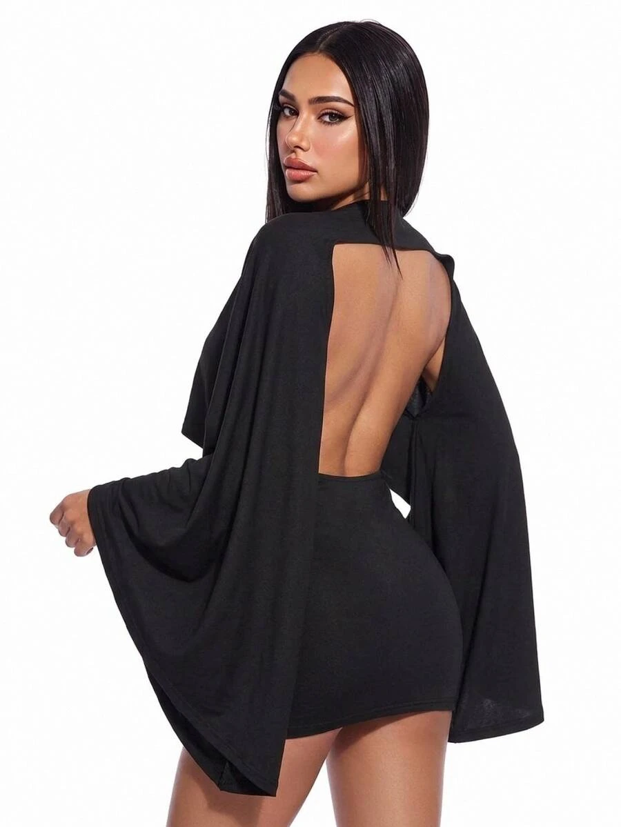 SHEIN ICON Women's Solid Color Bell Sleeve Open Back Fashion Dress - Black - View 1