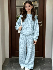 SHEIN 1套豹紋運動衫套裝，適合8-12歲女孩秋冬穿著，舒適簡約時尚休閒日常風格 - 彩色 - 查看 4