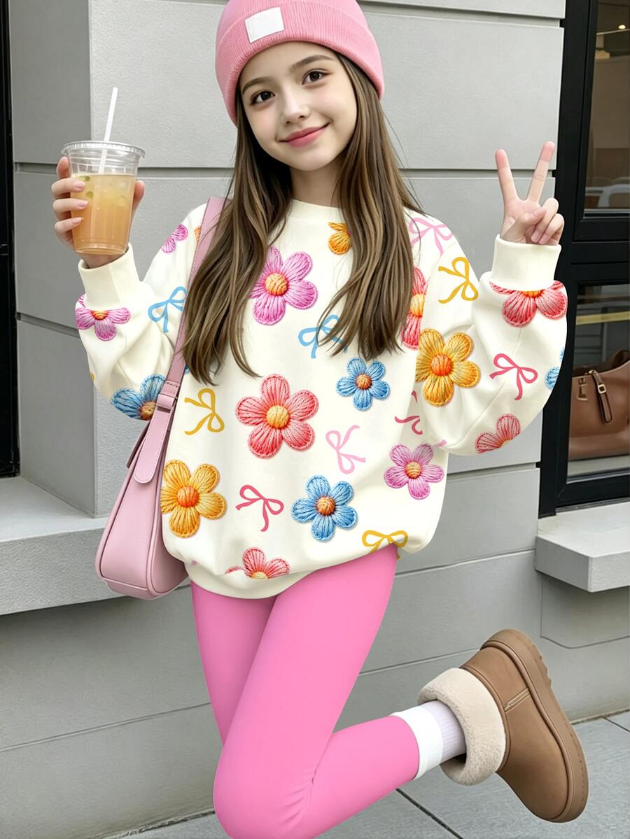 青少年女孩休閒可愛花卉蝴蝶結美式復古紅色圓領長袖衛衣+內搭褲兩件套,適合秋冬舒適穿搭,Kawaii、Chill風格 - 彩色 - 查看 1