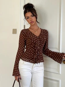 Siren Gaze Autumn/Winter New Wave Ruffle Trim Blouse For Women - Brown - View 6