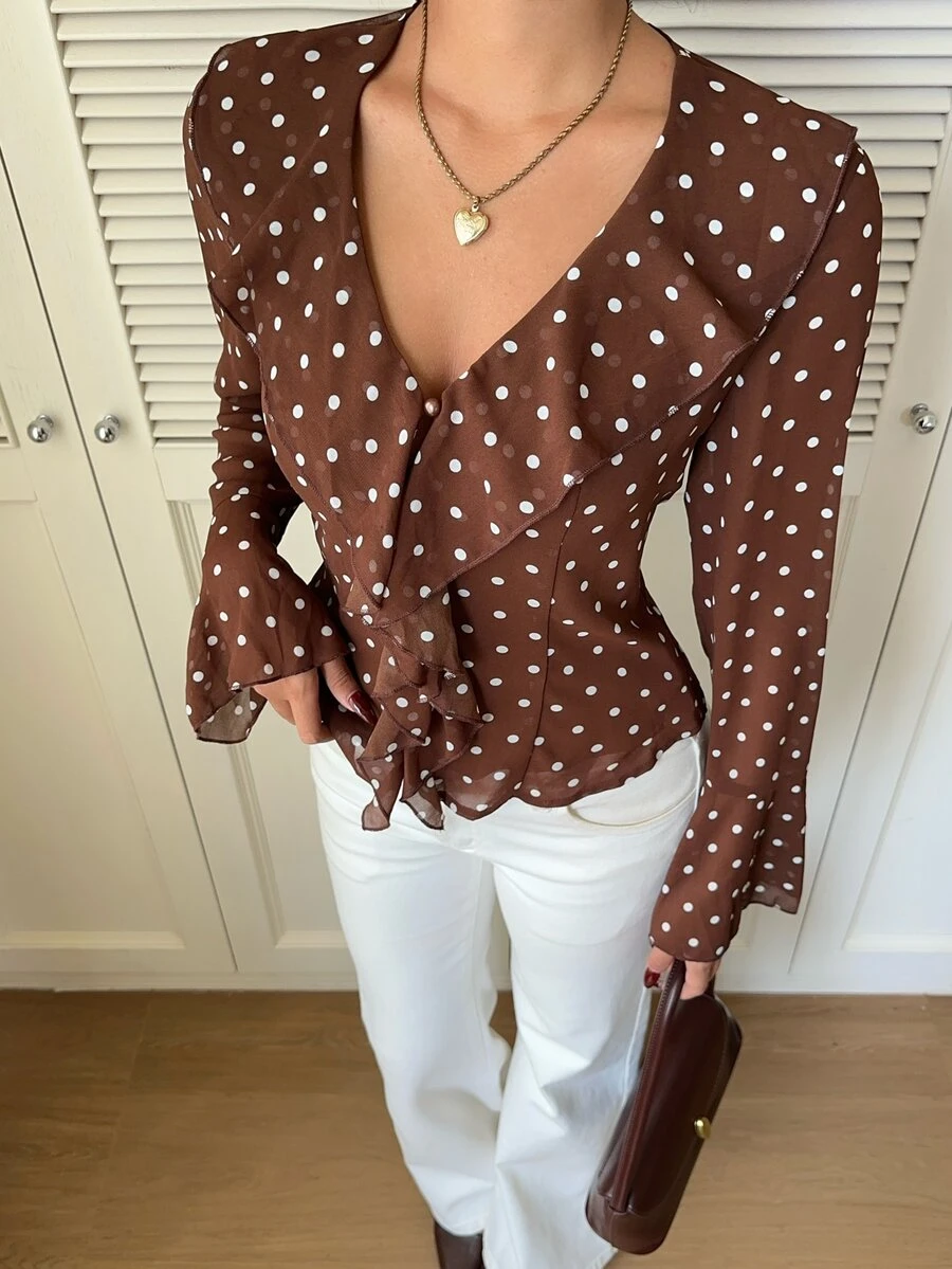 Siren Gaze Autumn/Winter New Wave Ruffle Trim Blouse For Women - Brown - View 1