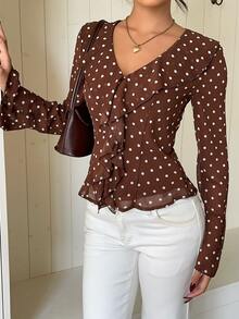Siren Gaze Autumn/Winter New Wave Ruffle Trim Blouse For Women - Brown - View 3