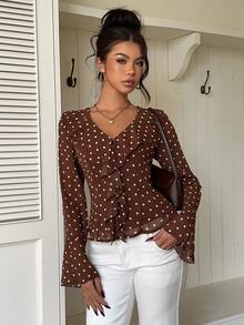 Siren Gaze Autumn/Winter New Wave Ruffle Trim Blouse For Women - Brown - View 5