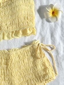 SHEIN Swim 雪纺荷叶边抹胸女士泳装套装，甜美少女比基尼两件套，海滩度假休闲百搭女士泳装，春夏款 - 淡黃色 - 查看 5
