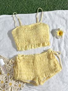 SHEIN Swim 雪纺荷叶边抹胸女士泳装套装，甜美少女比基尼两件套，海滩度假休闲百搭女士泳装，春夏款 - 淡黃色 - 查看 2