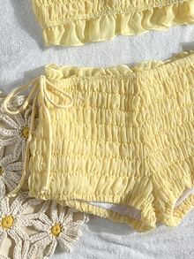 SHEIN Swim 雪纺荷叶边抹胸女士泳装套装，甜美少女比基尼两件套，海滩度假休闲百搭女士泳装，春夏款 - 淡黃色 - 查看 4